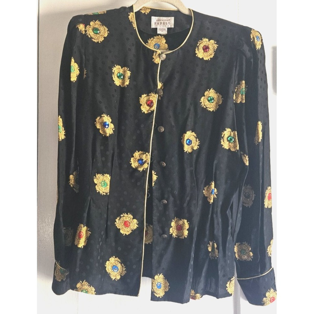 Vtg Adrianna Papell black silk blouse ornate gold embroiderry faux jeweled Sz 8